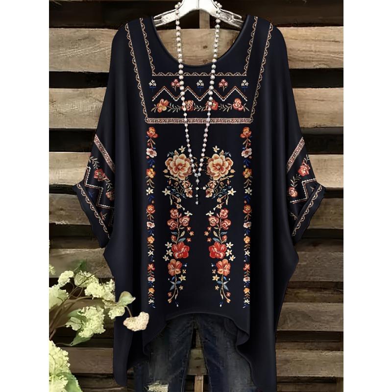 

Vintage Floral Print Irregular Fashionable Short Sleeve T-Shirt for Women Women s Clothing Loose and Casual Oversized Top 1XL