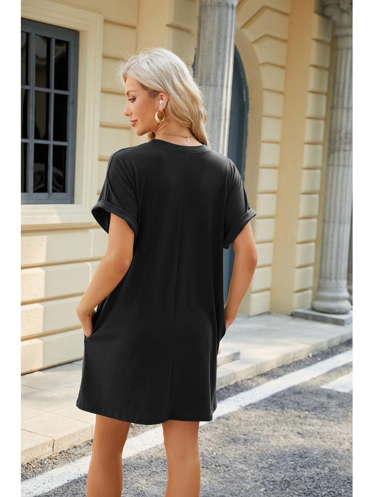 Damen Frühling/Sommer Neuer Rundhalsausschnitt Lässig Locker Kurze Ärmel Knielang Mittellanger Rock für Damen