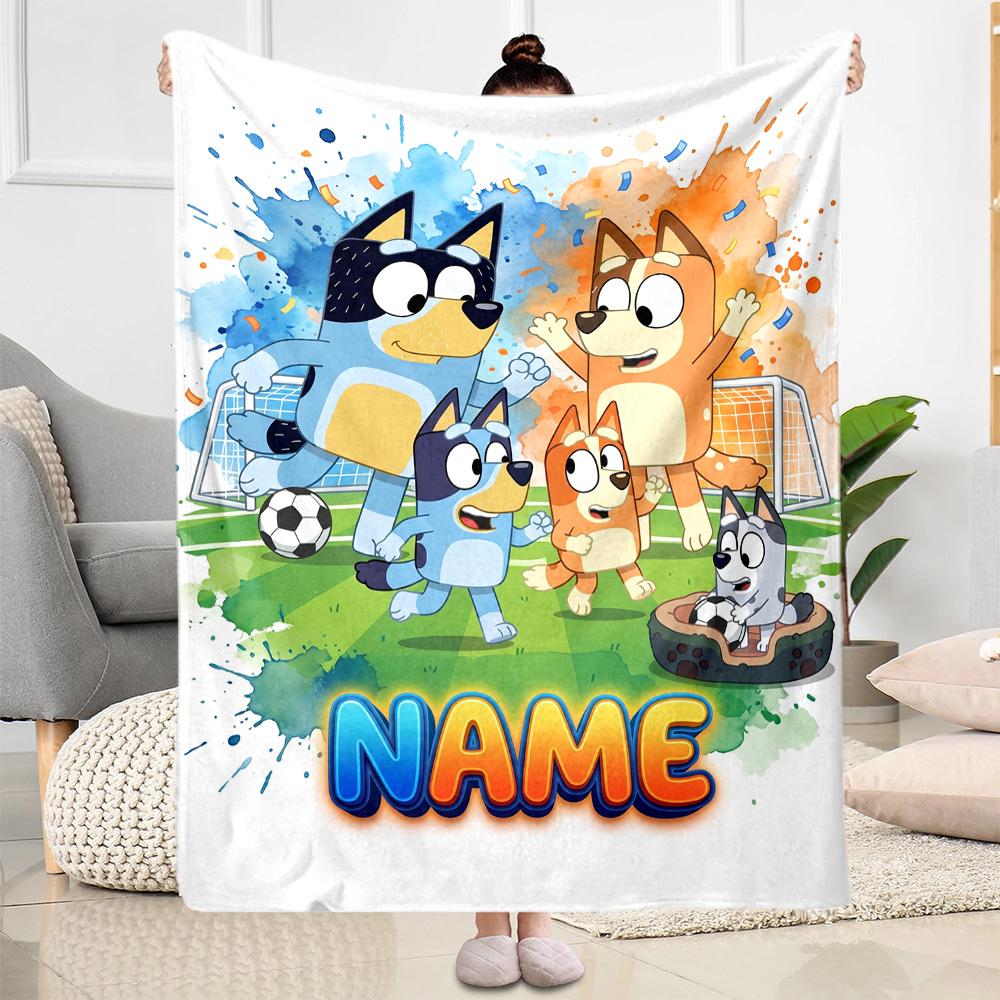 Bluey's Soccer Fun Customize Text Blanket Multi-purpose Personalized Blanket Soft & Cozy Perfect for Livingroom Chair Office Seaside for All Occasions
