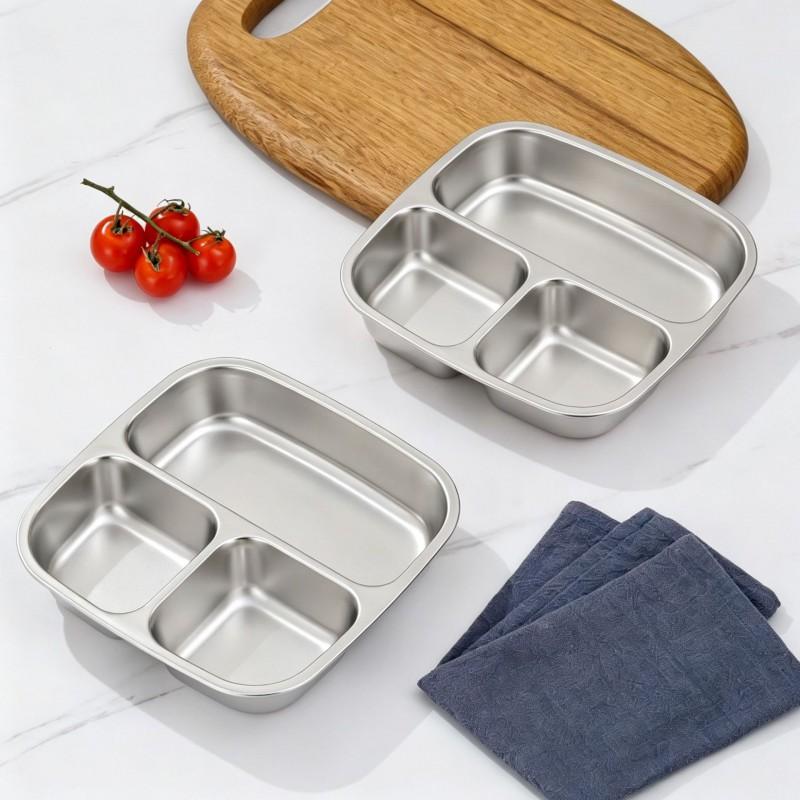 304 Stainless Steel Divided Meal Plate 3-Compartment Square Portion Control Dish Adults Kids Diet Food