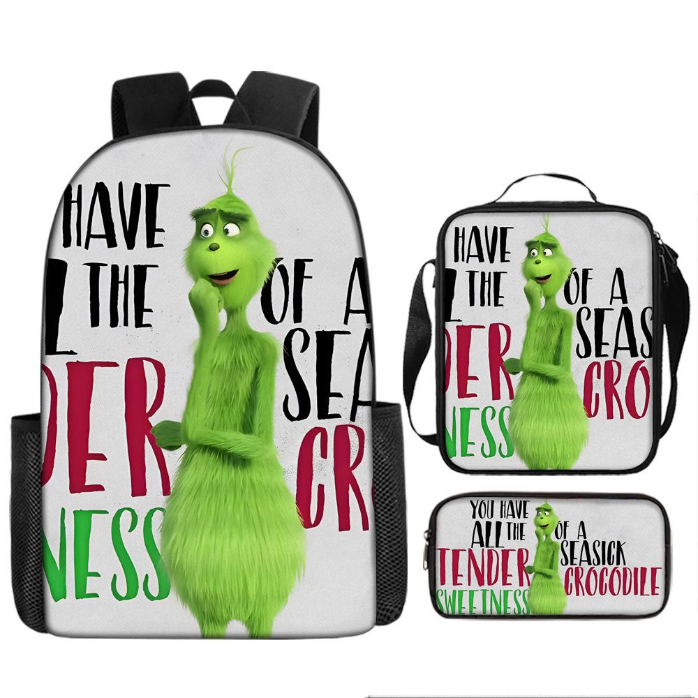 Green Hair Monster Grinch School Bag Campus 12345th and 6th Grade Backpack Lightweight Weight Loss Computer Bag Three-piece Set