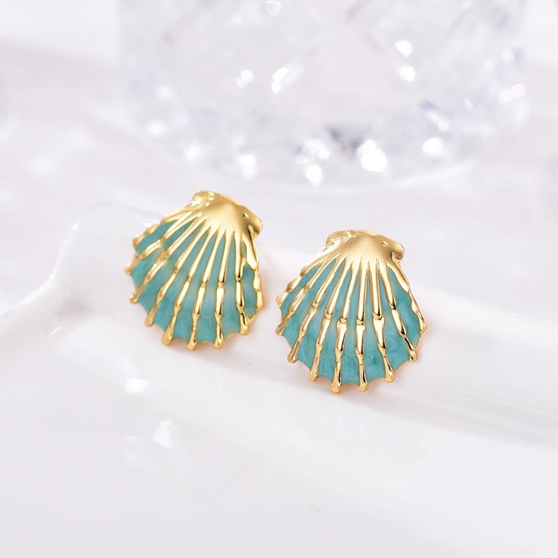 

Vintage Shell Stainless Steel Gold Color Texture Stud Earrings For Women Enameled Blue White Black Beach Holiday Ocean Zircon