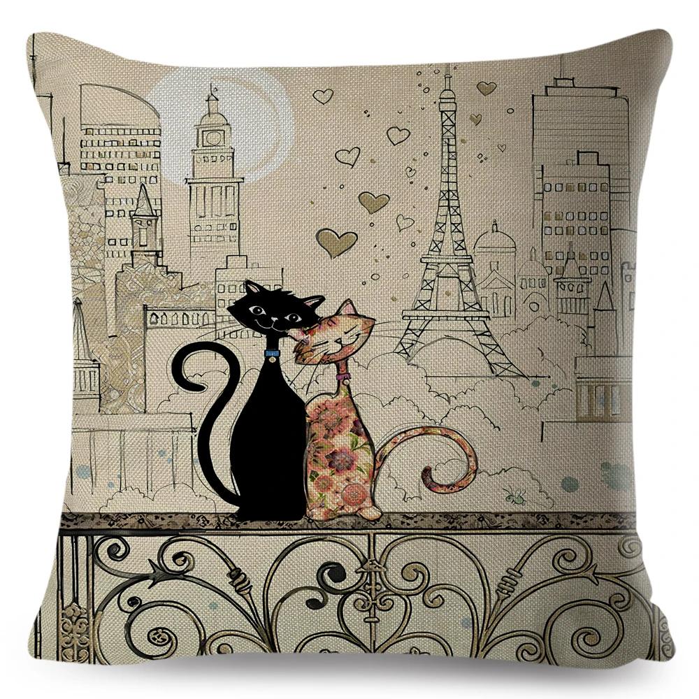 Cute Elegant Black Cat Cushion Cover Double Print Decor Cartoon Animal Pillow Case for Sofa Home Car Linen Throw Pillowcase