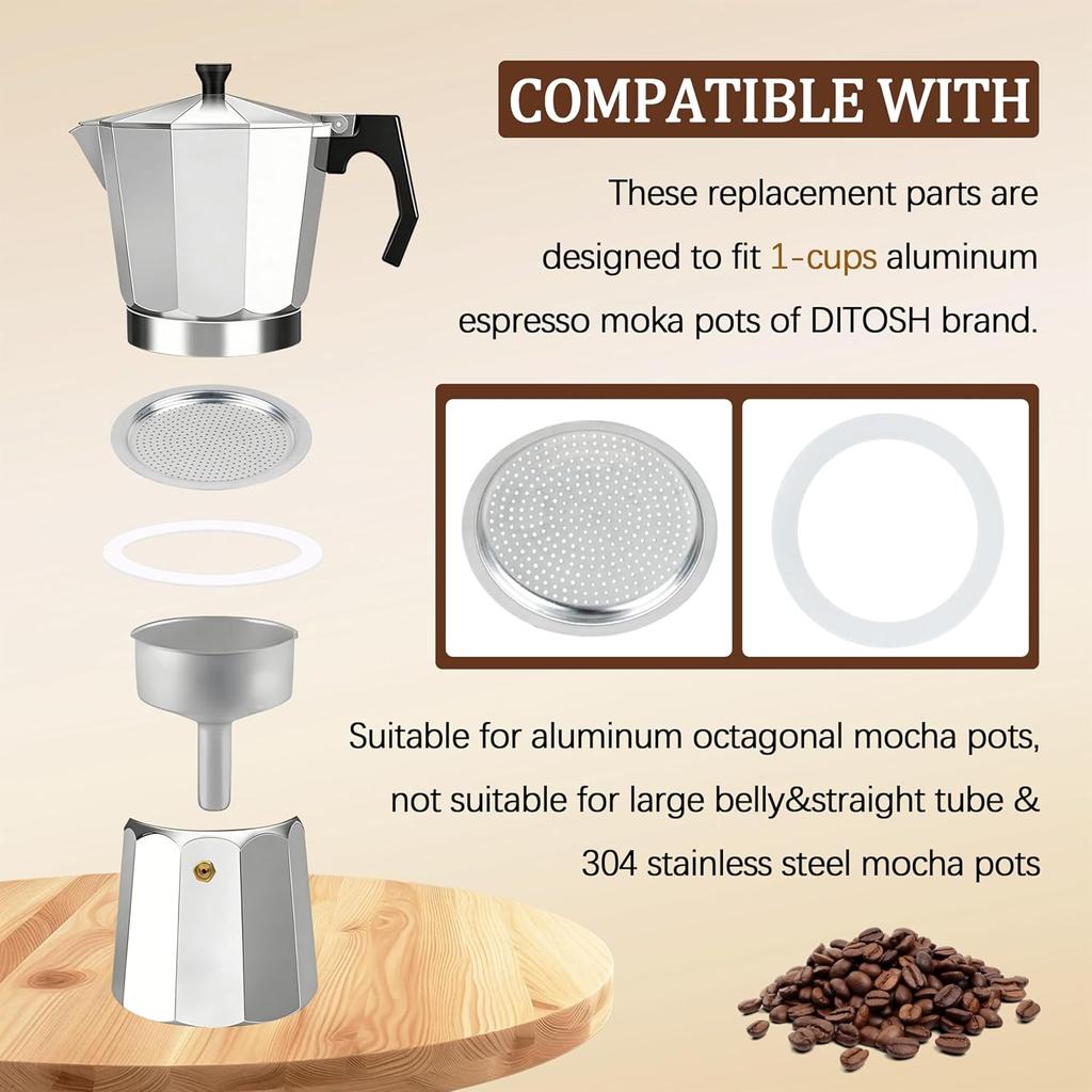 Silicone Sealing Ring Aluminum Replacement Filter 1 Cup For Stove Top Espresso Maker Replacement Filler Parts Set Includes 1 Filter and 3 Upgraded
