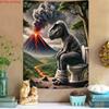 Tyrannosaurus Sitting On The Toilet Funny Tapestry Volcano Background Nonsensical Home Decor Room Decoration