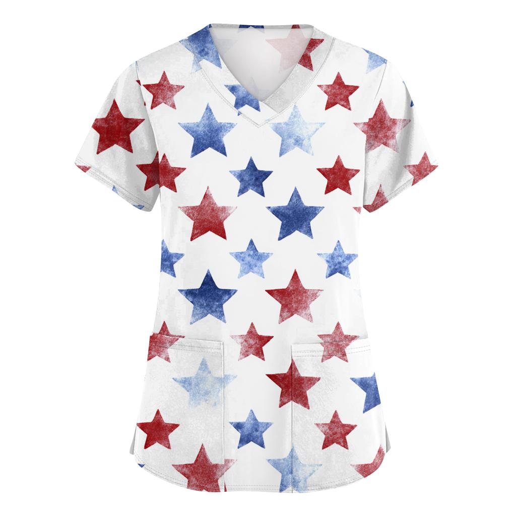 Women's Fashionable V-Neck Short-Sleeved Work Top With Pockets And Independence Day Print  Uniform
