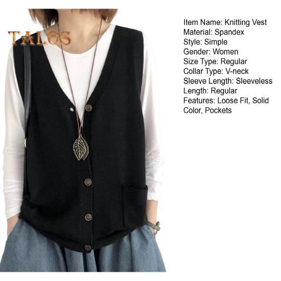 Damska kamizelka dziewiarska z dekoltem w serek, bez rękawów, jednorzędowa, ciepła, jednokolorowa, luźna, dzianinowa, bezrękawnik z kieszeniami