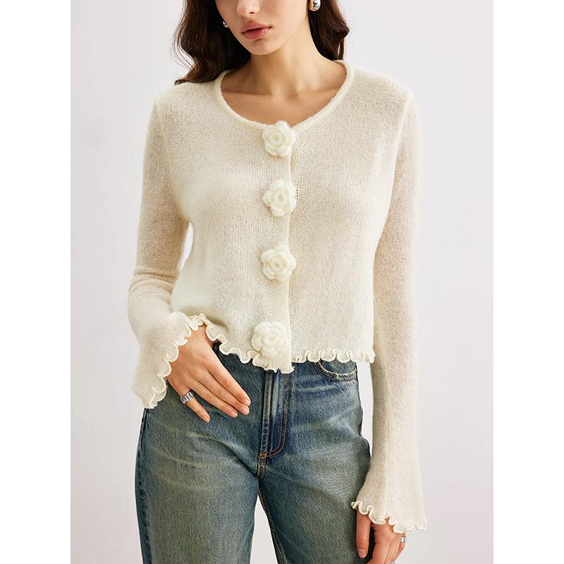 

White Ruffles Floral Knit Sweater Cardigan For Women O Neck Long Sleeve Fitted Top Clothing New Knitwears Fall White Winter XL білий