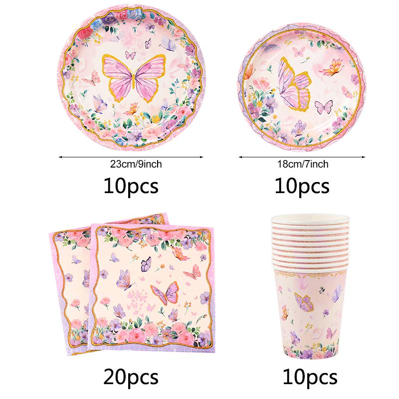 Pink Butterfly Disposable Tableware Set Paper Plates Cup Tablecloth Girls Butterfly Theme Birthday Party Decoration Supplies