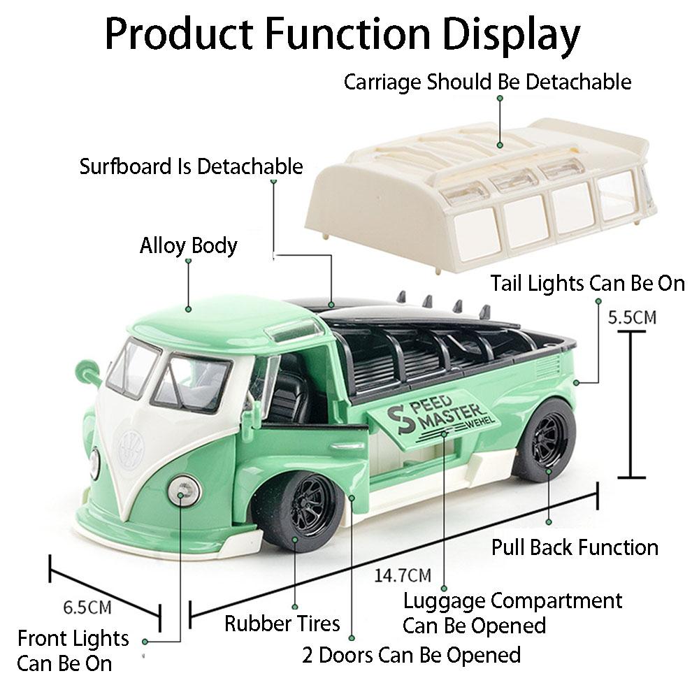 1:32 Scale Beetle GSR Car T1 Bus Model Toy Sound Light Vehicles Alloy Diecast Pull Back Miniature Models Kids Holiday Gifts