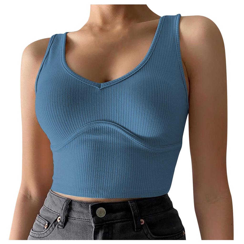 Ladies Casual Solid Color Sexy Deep V-neck Navel Bust Stitching Stretch Knit Vest