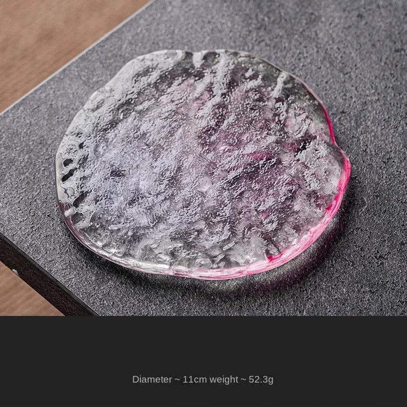 Japanese Style Pink Sakura Crystal Glass Teacup – Colored Glaze Sake Cup with Enamel Flower Design and Coaster