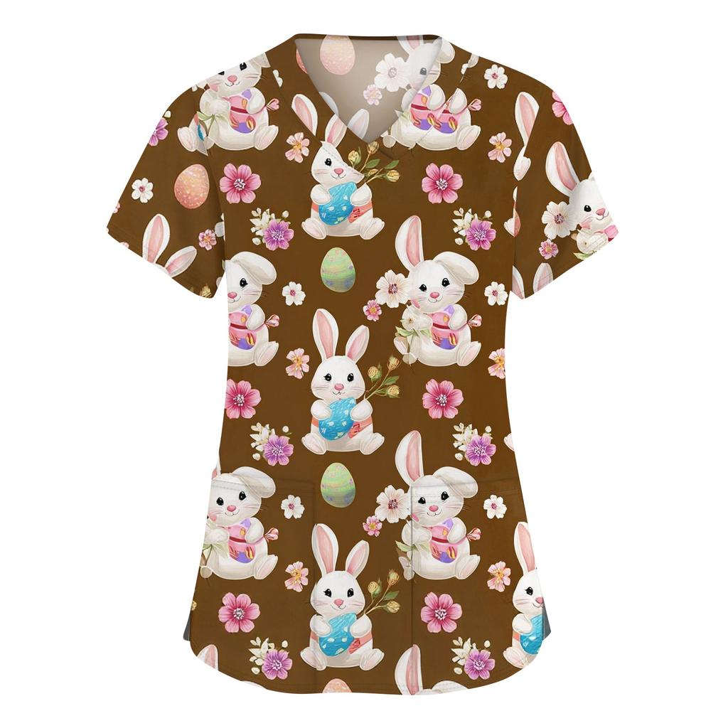 Abbigliamento da lavoro a maniche corte con scollo a V alla moda da donna con top stampati con tasche