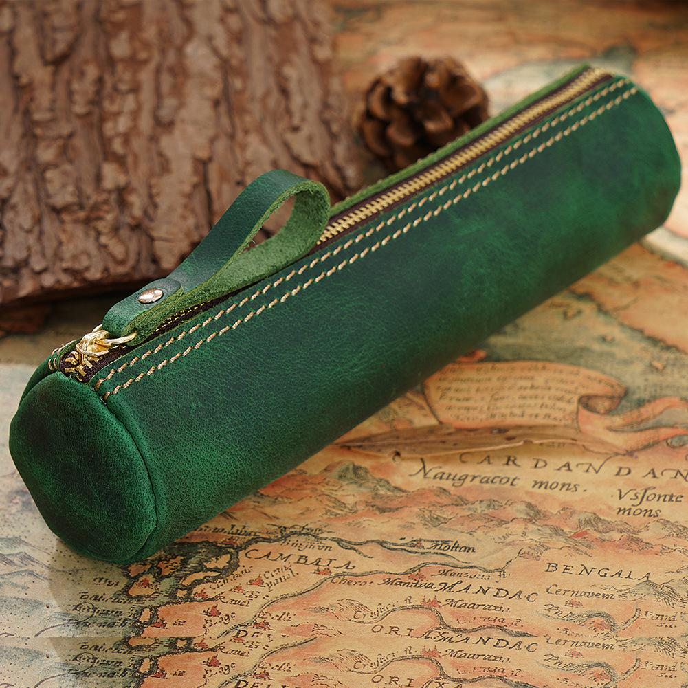2026 Retro Leather Storage Pencil Bag, First Layer of Crazy Horse Leather Handmade Student Stationery Storage Bag