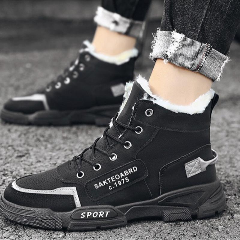 Winter Men Boots Fashion High-top Casual Shoes Winter Plush Warm Cotton Shoes Outdoor Non Slip Snow Boots Lace Up Platform Boots