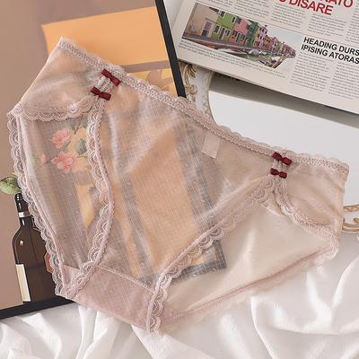 Sexy Lingerie Lace Plus Size Underpant for Women Panties Double-sided Bow Ice Silk Mesh Briefs Medium Low Waist Girl Underwear