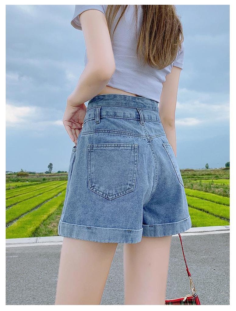Women's Ultra High Waist Gray Denim Shorts - Double Button, A-Line, Wide Leg, Petite Size