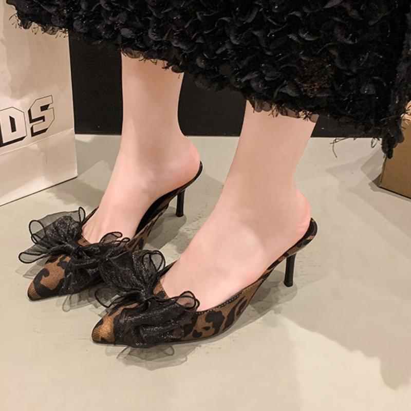 Fashion 2025 Fashion Slingbacks Women's High Heels New Leopard Print Summer Butterfly-knot Plus Size Best Seller Closed Toe Slippers