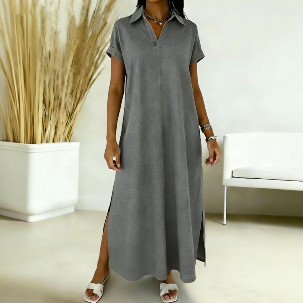 Women's Round-neck Short-sleeved -color Mid-length Loose-fitting Dress With Large Pockets And Casual