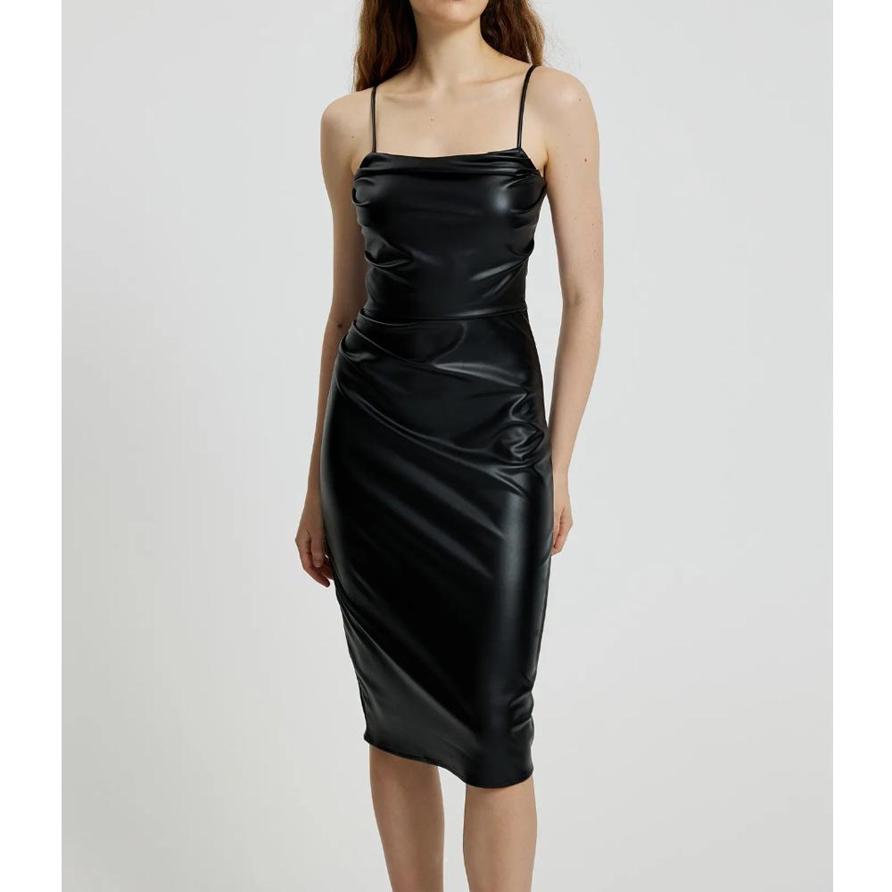 European & American Nightclub Sexy PU Leather Bodycon Dress - Little Black Dress with Ruched Spaghetti Straps