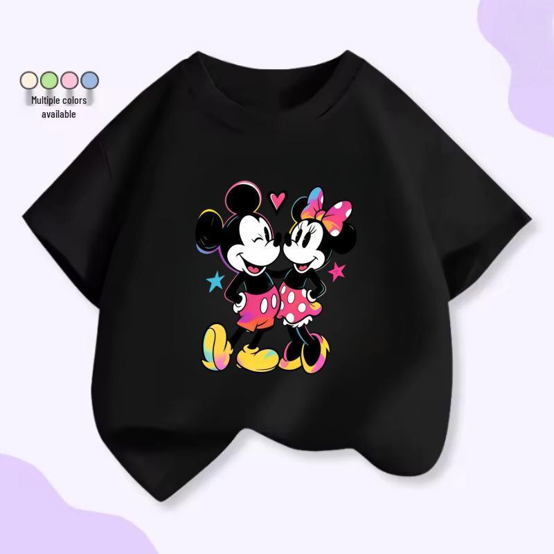 Cartoon Mickey & Minnie Print Summer Short Sleeve Cotton T-Shirt for Kids - Round Neck, Casual Fit