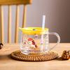 Home Office Coffee Cup with Lid Glass 350ml Cartoon Cute Water Cup with Straw Milk Double Drink Cup