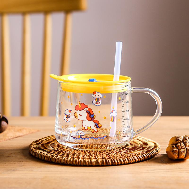 Home Office Coffee Cup with Lid Glass 350ml Cartoon Cute Water Cup with Straw Milk Double Drink Cup