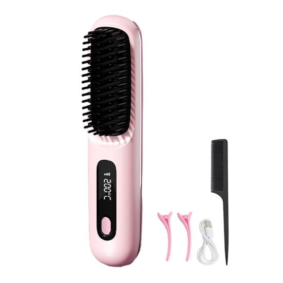 

Бездротова іонна випрямляч-щітка для волосся 3-в-1 Випрямлення, завивка та розгладження Іонна щітка для волосся Портативна та перезаряджувана Швидкий нагрів Проти пухнастості волосся рожевий