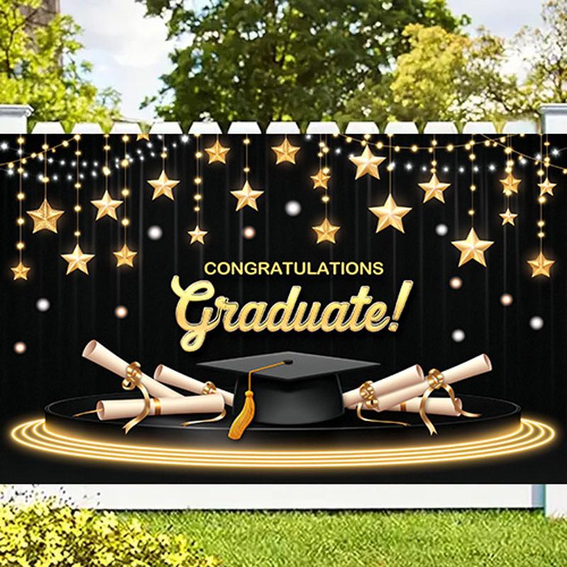 Studentfest Banner med Studentmössa&Examensbevis&Stjärna Design, Bakgrund för Hemträdgårdsfiranden, Studentfest Dekoration