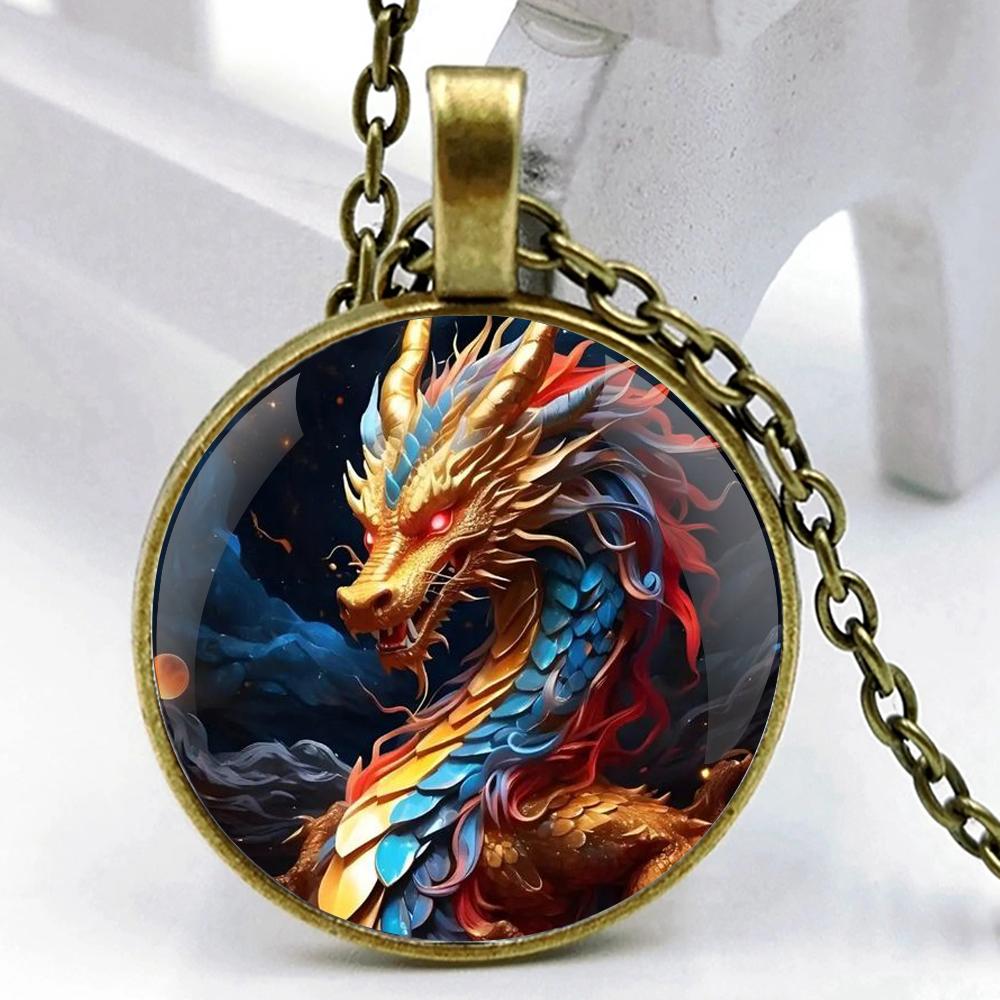 Colorful Dragon Glass Dome Pendant Necklaces for Men and Women, Jewelry Accessories, Unique Gift for Kids, Fashion Accessory
