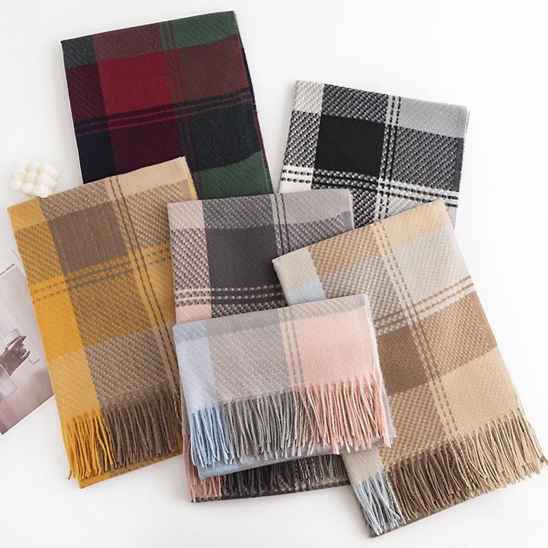 Fashionable and Versatile Square Pattern Scarf for Women Simple Korean Style Imitation Cashmere Scarf Warm Shawl Cold Protection Neck Scarf