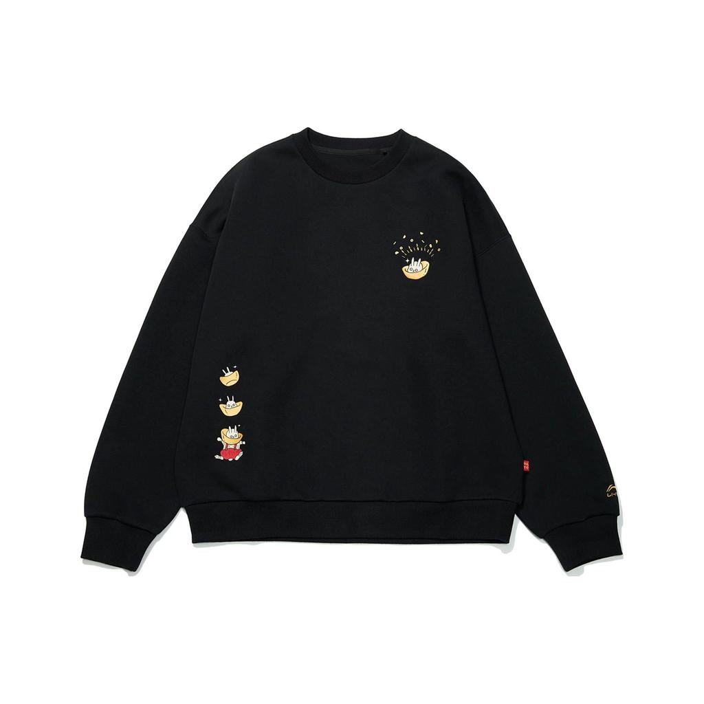 Li-Ning Sports Trend Series New Year Edition Cartoon Print Long-Sleeve Loose Sweatshirt Women Tops Black AWDT074-2
