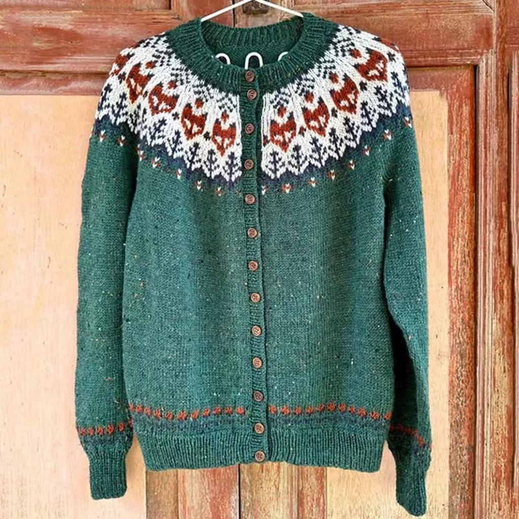 Women's Pink V-Neck Knit Cardigan with Jacquard Floral Pattern