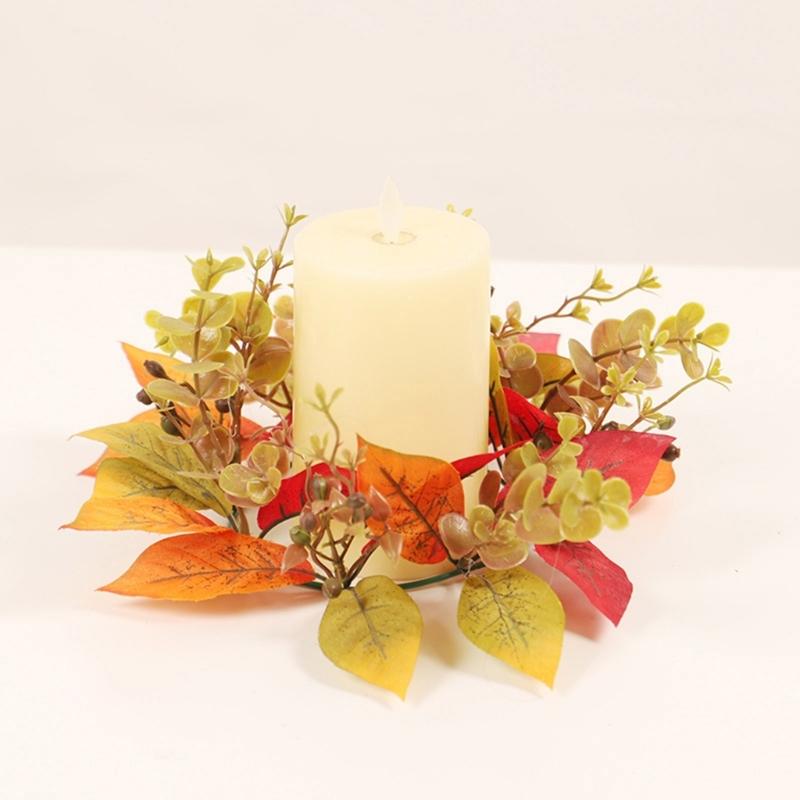 Autumn Candle Holder Wreaths Maple Leaf Garlands Small Flower Rings Decorative Thanksgiving Decorations for Dining Room