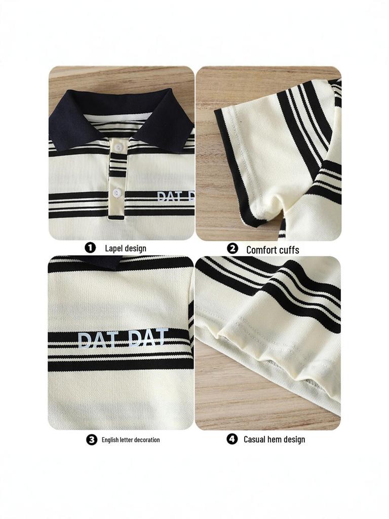2025 Kids' Striped POLO Shirt - Unisex Summer Lapel Short Sleeve Color Block Top, Korean Style