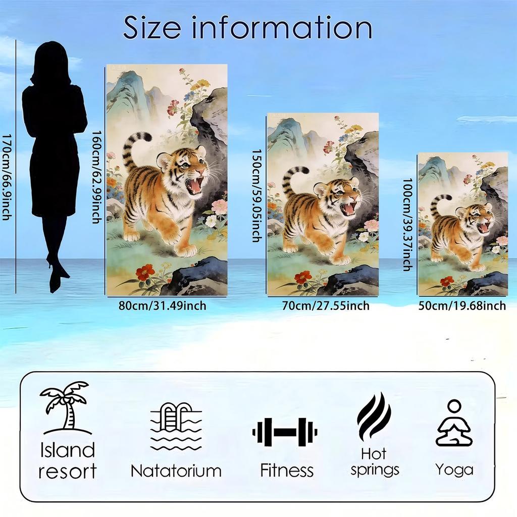 Cartoon-Tiger-, Blumen- und Felsmuster Polyester-Mikrofaser-Strandtuch ist sehr saugfähig, geeignet für Schwimmen und Strandausflüge