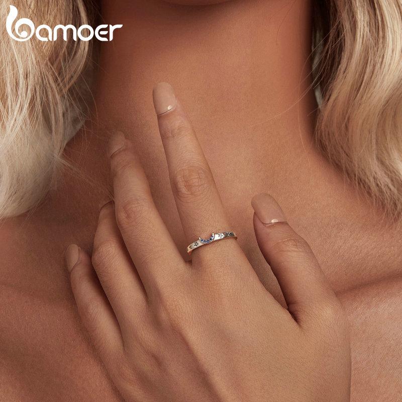 BAMOER 925 Sterling Silber Sonne und Mond Stapelbarer Öffnungsring Paarring für Frauen Schicker feiner Schmuck für Paare