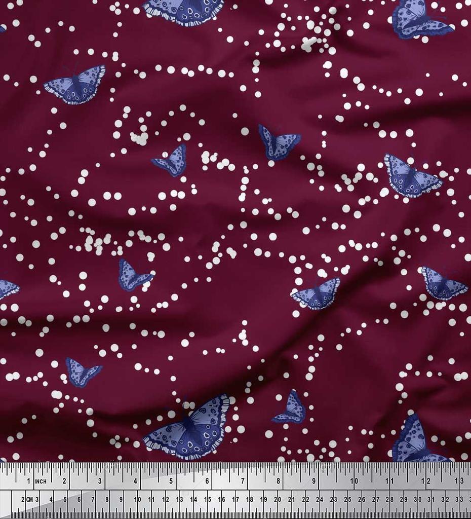Soimoi Red Japan Crepe Satin Fabric Dot & Butterfly Print Fabric by the metre 42 Inch