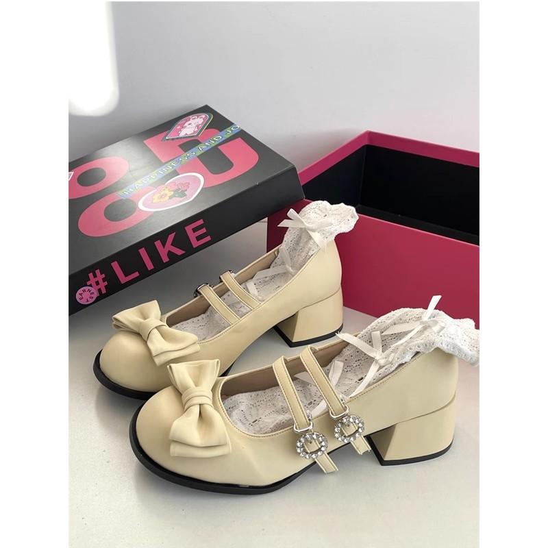 New college style versatile single shoes retro bow high heels elegant round head middle heel Lolita small leather shoes