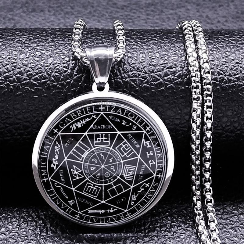 1Pc Seven Archangels Medal Stainless Steel Glass Necklace Solomon Talisman Necklace Protective Jewelry Medal