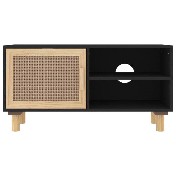 345613 vidaXL Meuble TV Noir 80x30x40 cm Bois de pin massif et rotin naturel