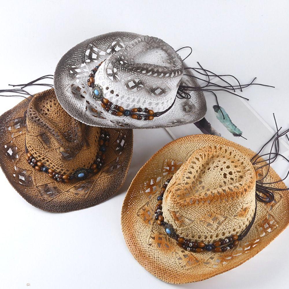 Beads Western Cowboy Hat Wide Brim Panama Cap Fashion Sunscreen Straw Hat  Travel