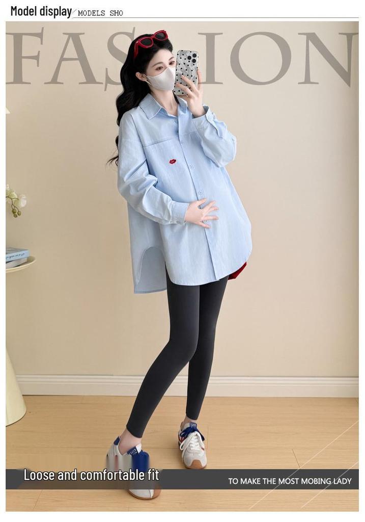 2025 Spring/Autumn Korean Style Cotton Casual Maternity Shirt - Trendy Plus Size Mid-Length for Moms