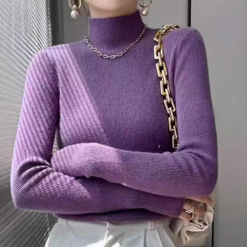 Women's Autumn Winter Solid Color Base Layer Korean Style Long Sleeve Pullover Knit Top Half-High Neck Slim-Fit Slimming Inner Wear Sweater