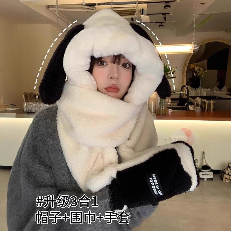 Cute puppy cartoon plush hat women's autumn and winter thickened warm plush hat gloves scarf three-in-one headgear