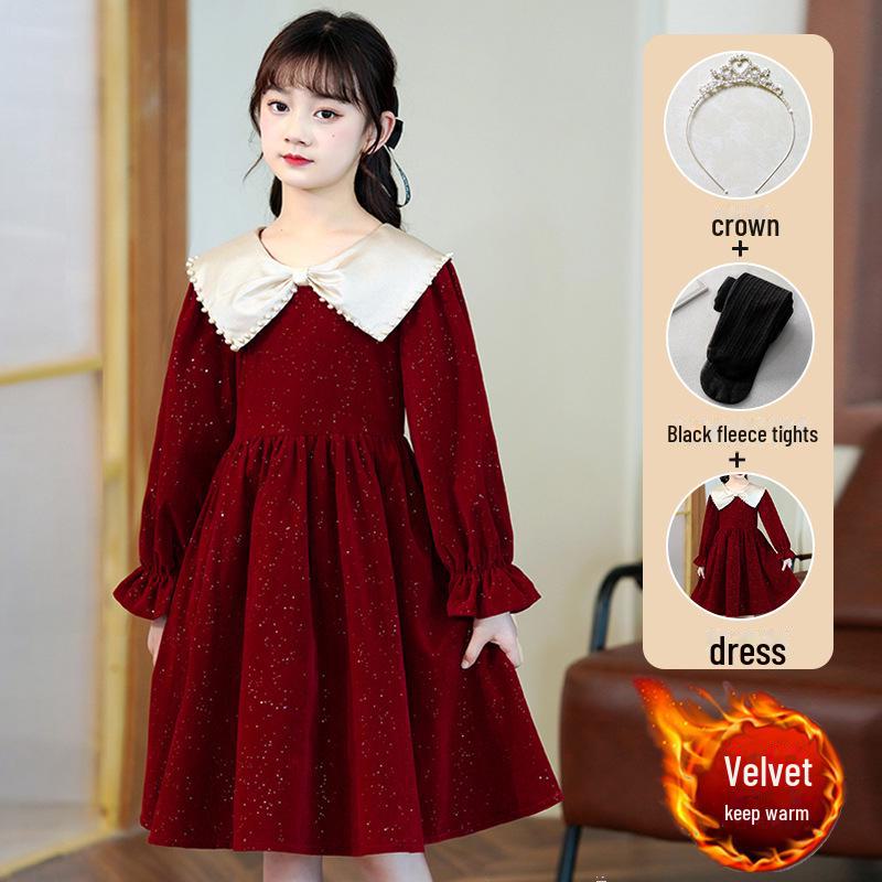 Stylish 2023 Autumn & Winter Girls' Long Sleeve Princess Dress with Velvet