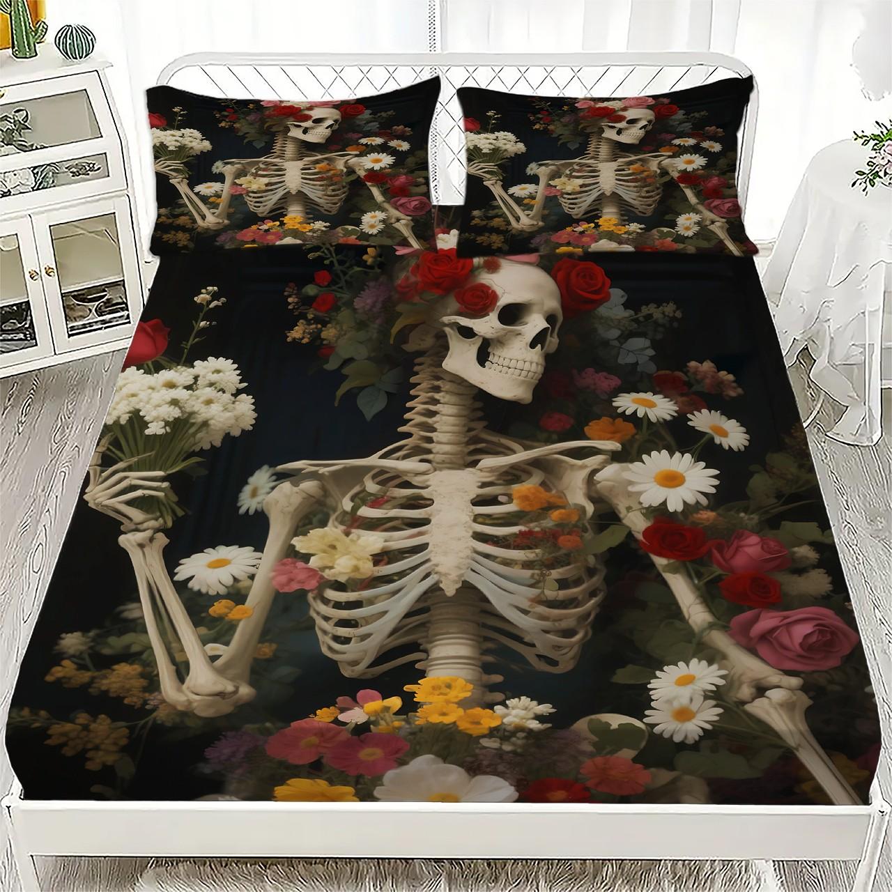 

3pcs Halloween Bedding Set Cartoon Skeleton Pattern Fitted Sheet Bedroom Decor for Kids Halloween Decoration Bedding Set 90x190x40cm 2pcs