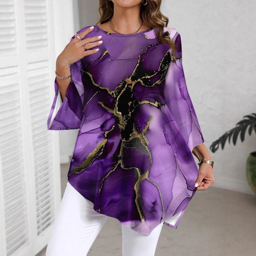 2025 New Fashion Marble Print Crew Neck Long Sleeve T-Shirt - Casual and Versatile