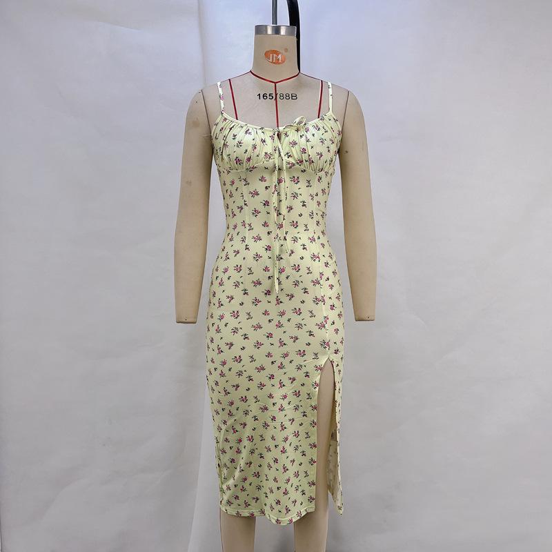 

Лето 2025 г. Цветочное платье с разрезом – Женский сарафан в европейском и американском стиле Large жёлтый