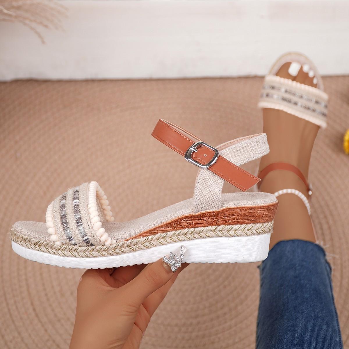 

Summer large size hemp rope bottom muffin thick sole women s sandals women s buckle wedge heel fish mouth sandals 42